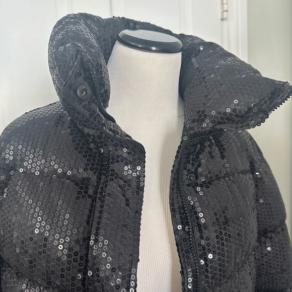 NWT Unreal Fur Black Sequin Puffer Jacket Front Zip High Collar Sz XS - Picture 5 of 16
